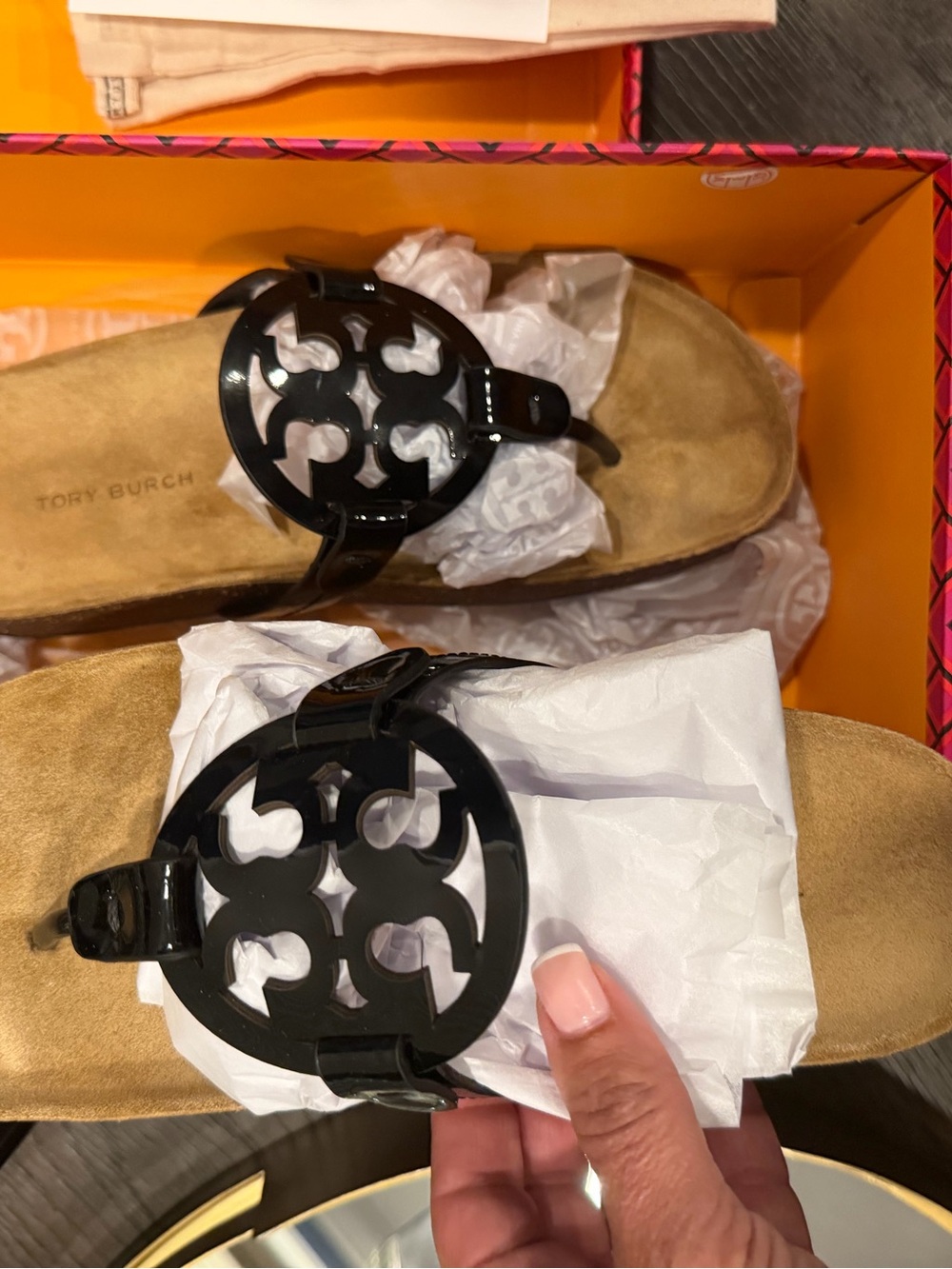 Tory Burch Black Logo Thong Sandals with Tan Suede Footbed